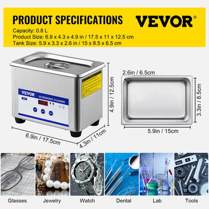 Powerful 40 KHz ultrasonic cleaner with timer, premium quality stainless steel design for versatile cleaning