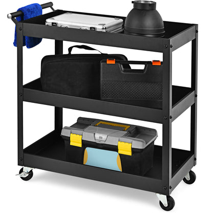 3-Tier Utility Cart with Humanized Handle for Office, Kitchen-Black