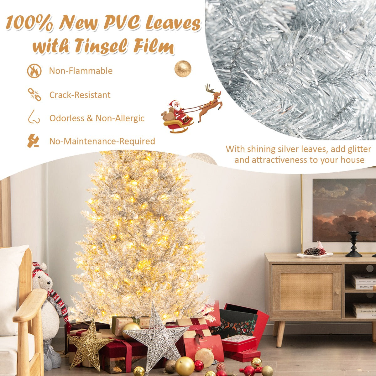 1.8m Silver Tinsel Christmas Tree with 790 Branch Tips & 300 LED Lights
