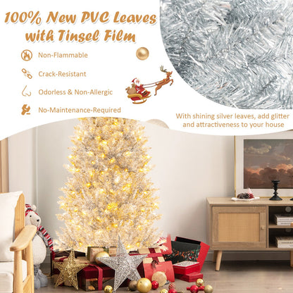 1.8m Silver Tinsel Christmas Tree with 790 Branch Tips & 300 LED Lights
