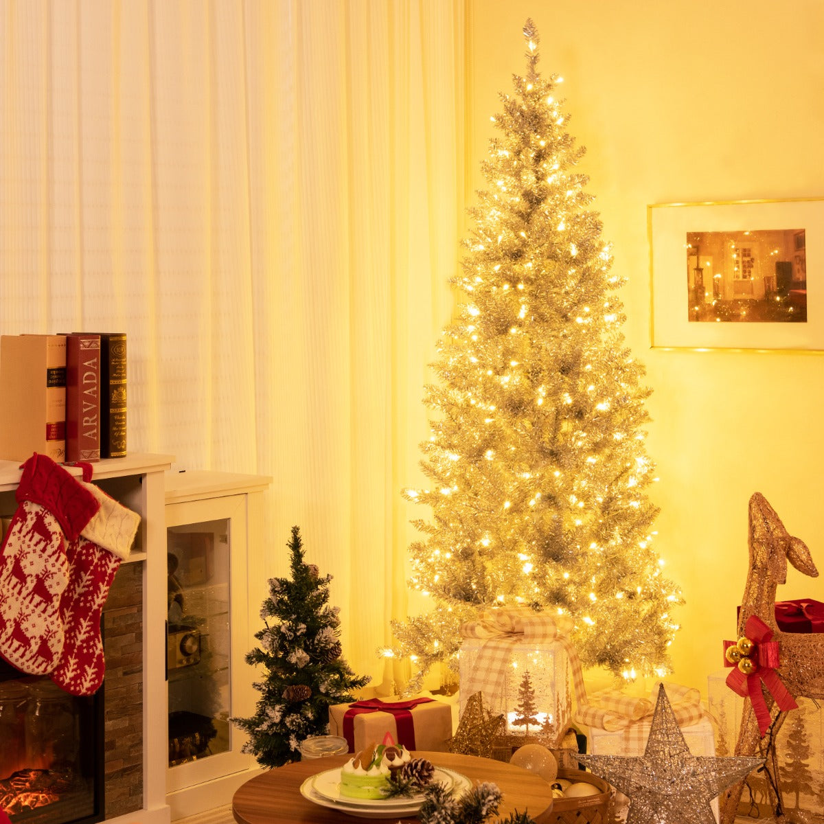 1.8m Silver Tinsel Christmas Tree with 790 Branch Tips & 300 LED Lights