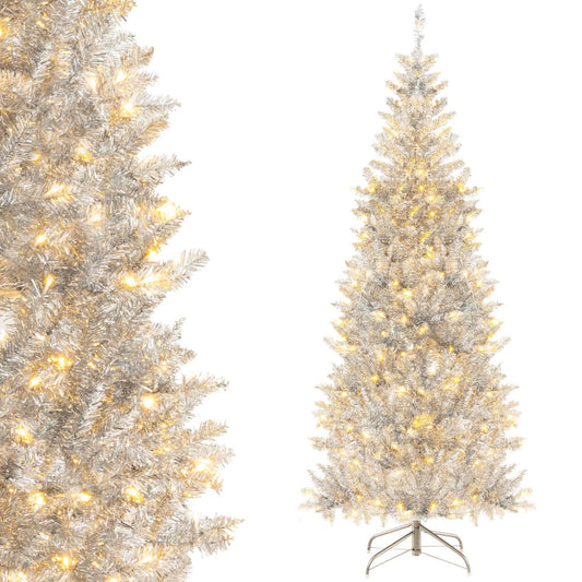 1.8m Silver Tinsel Christmas Tree with 790 Branch Tips & 300 LED Lights