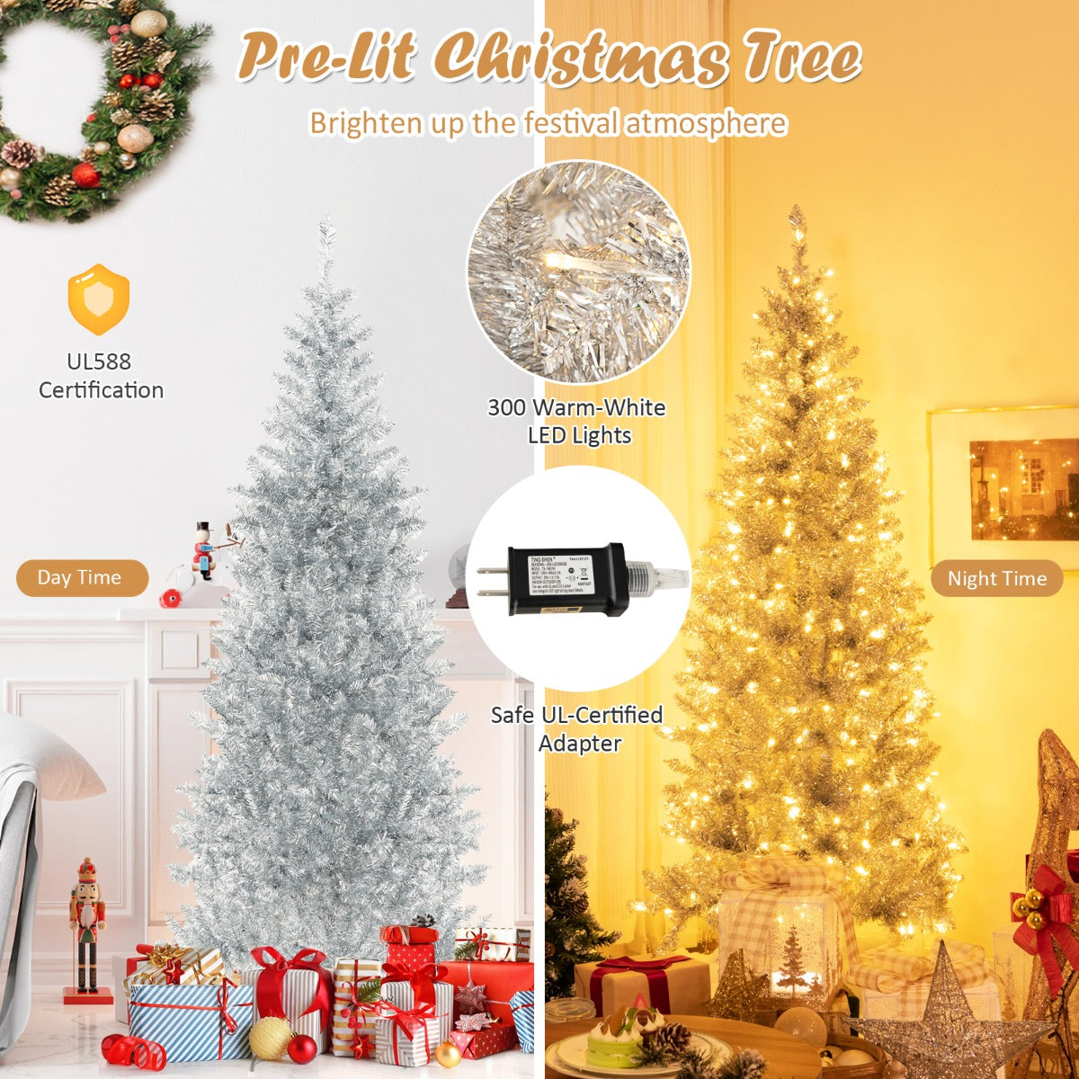1.8m Silver Tinsel Christmas Tree with 790 Branch Tips & 300 LED Lights
