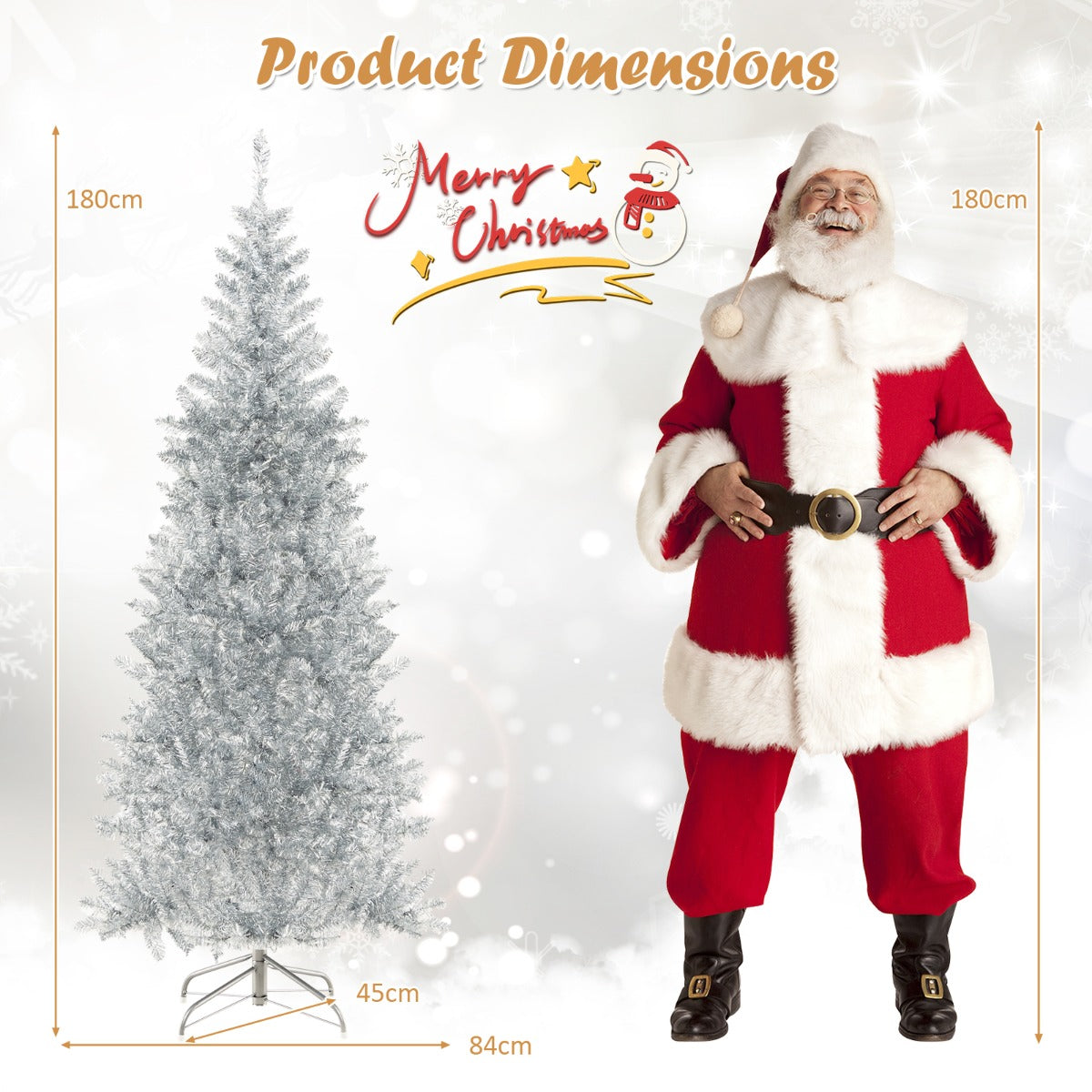 1.8m Silver Tinsel Christmas Tree with 790 Branch Tips & 300 LED Lights