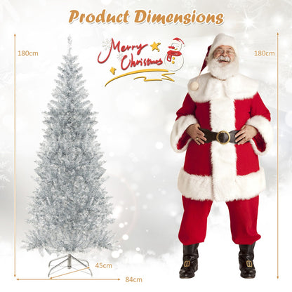 1.8m Silver Tinsel Christmas Tree with 790 Branch Tips & 300 LED Lights