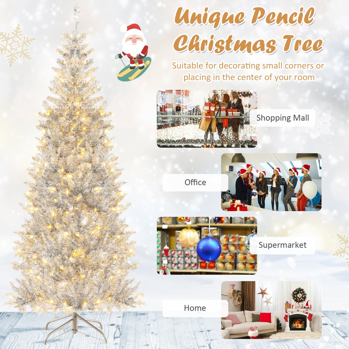 1.8m Silver Tinsel Christmas Tree with 790 Branch Tips & 300 LED Lights
