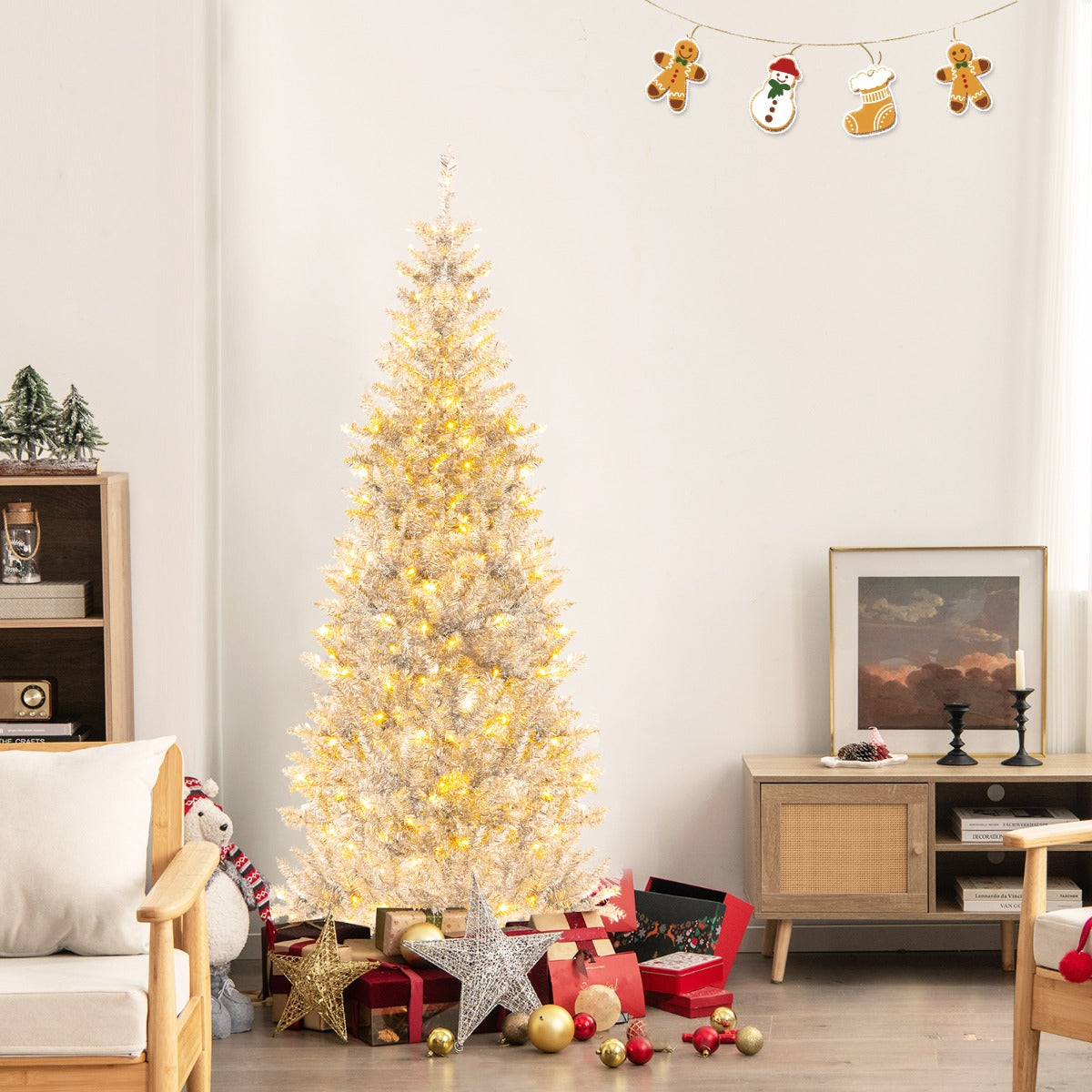 1.8m Silver Tinsel Christmas Tree with 790 Branch Tips & 300 LED Lights