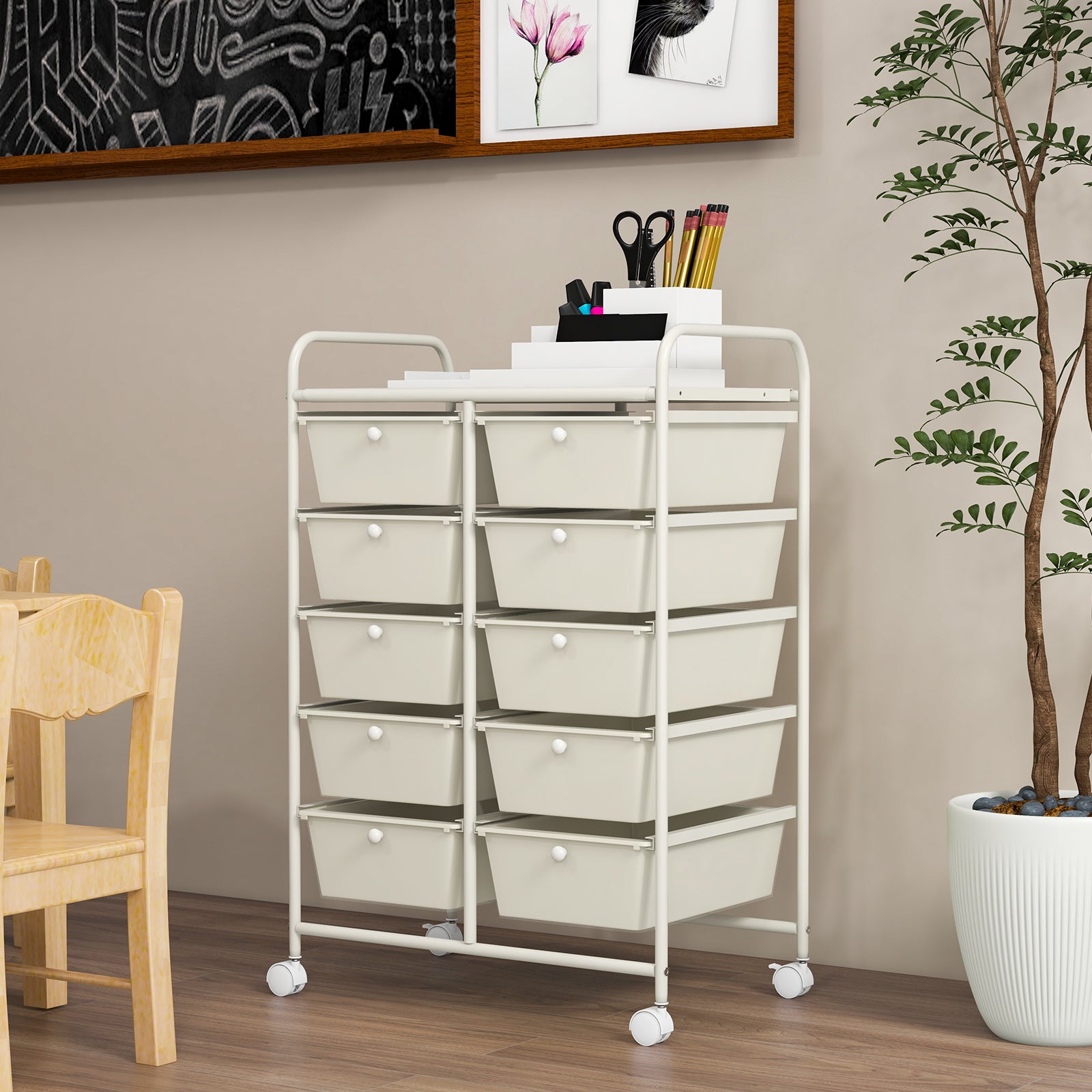 10-Drawer Storage Cart with Universal Wheels and Removable Drawer-White
