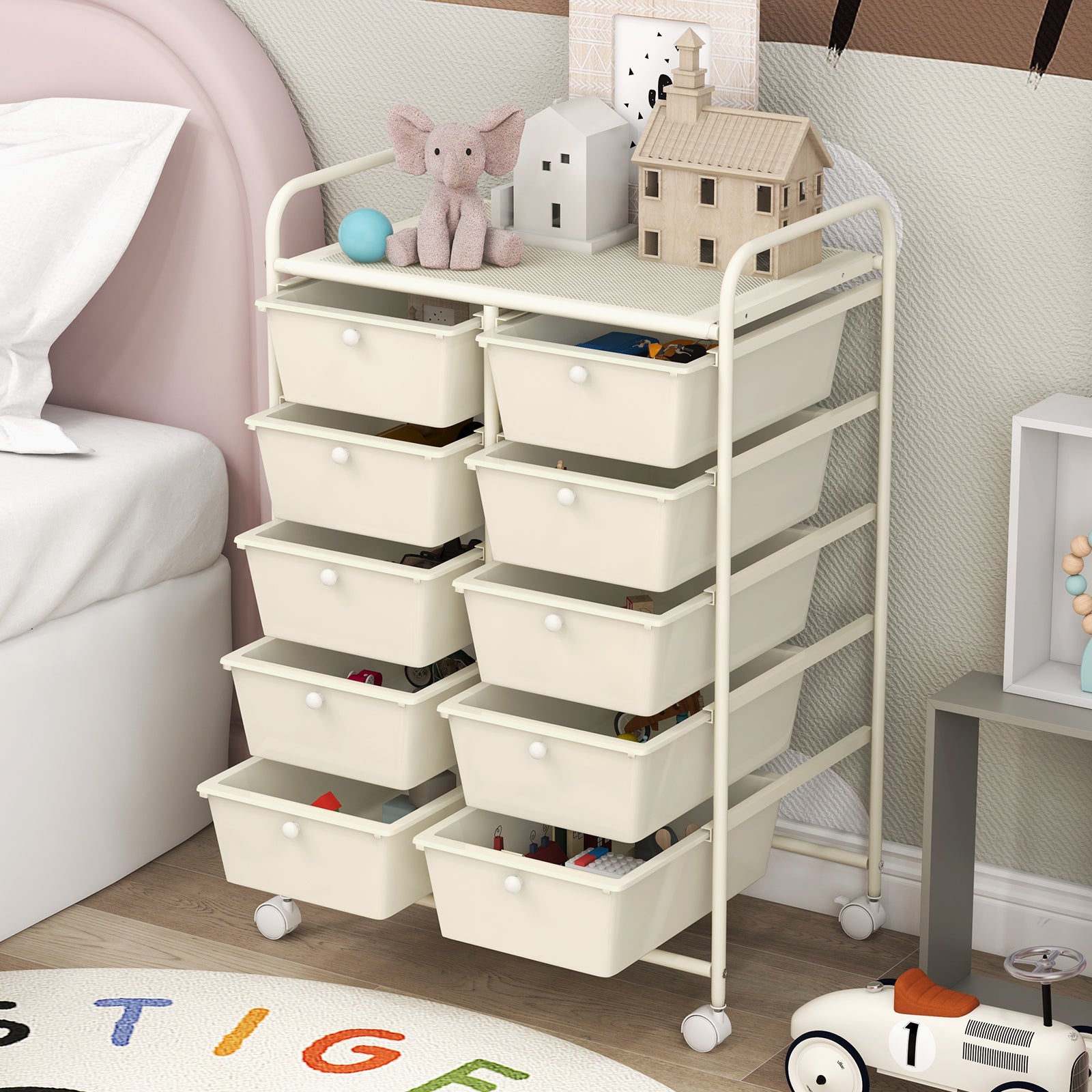 10-Drawer Storage Cart with Universal Wheels and Removable Drawer-White