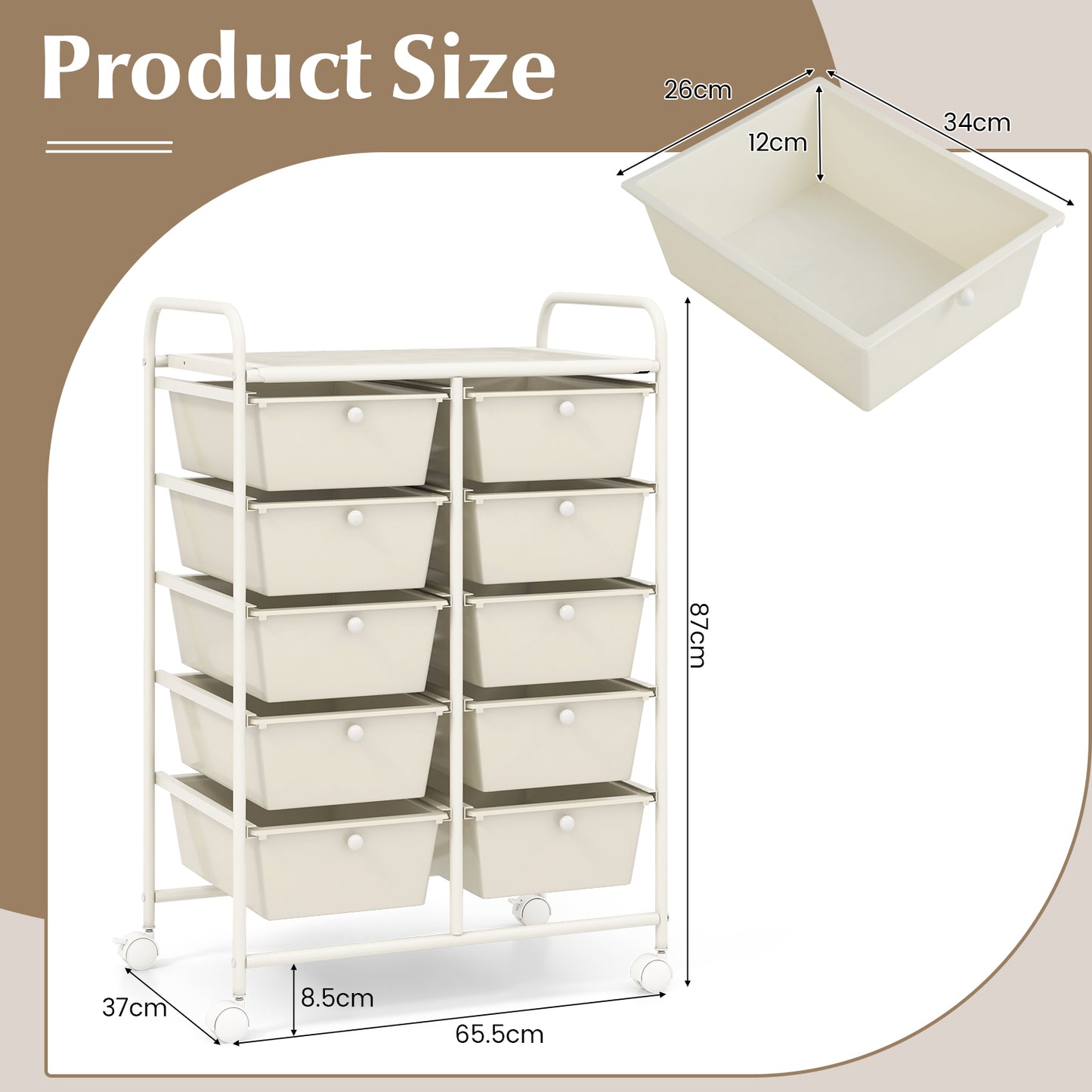 10-Drawer Storage Cart with Universal Wheels and Removable Drawer-White