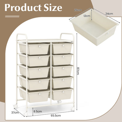 10-Drawer Storage Cart with Universal Wheels and Removable Drawer-White