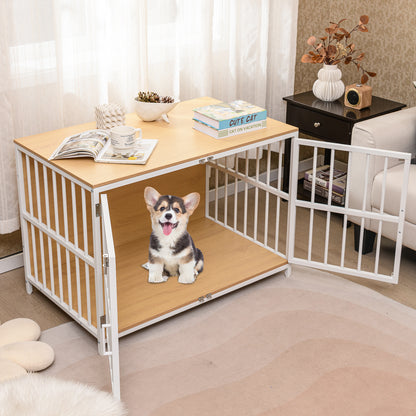 100 cm Heavy-duty Dog Crate Furniture with Dual Lockable Double Doors-Natural