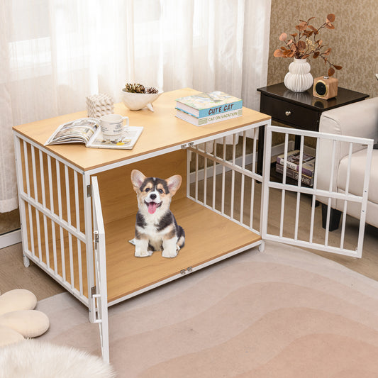 100 cm Heavy-duty Dog Crate Furniture with Dual Lockable Double Doors-Natural