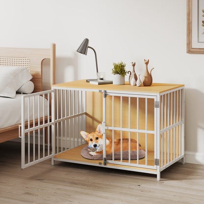 100 cm Heavy-duty Dog Crate Furniture with Dual Lockable Double Doors-Natural