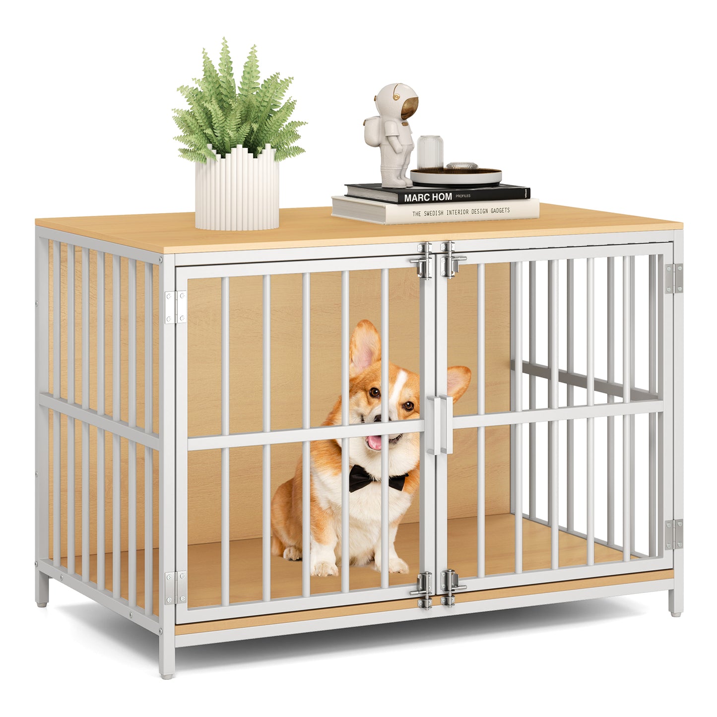 100 cm Heavy-duty Dog Crate Furniture with Dual Lockable Double Doors-Natural