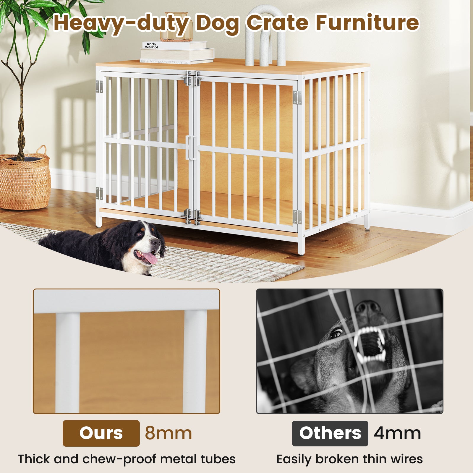 100 cm Heavy-duty Dog Crate Furniture with Dual Lockable Double Doors-Natural