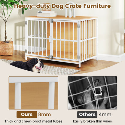 100 cm Heavy-duty Dog Crate Furniture with Dual Lockable Double Doors-Natural