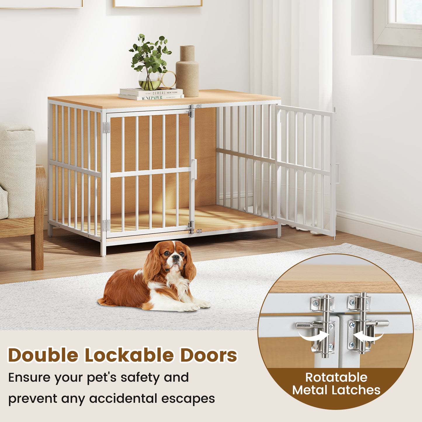 100 cm Heavy-duty Dog Crate Furniture with Dual Lockable Double Doors-Natural