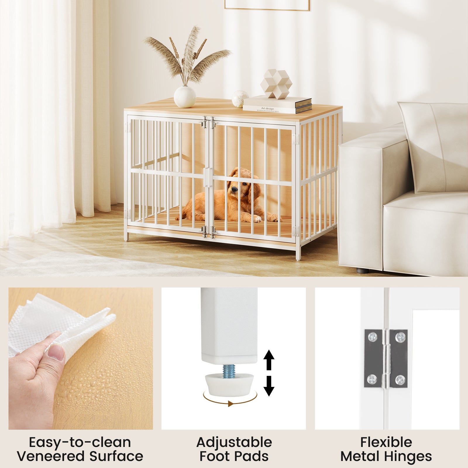 100 cm Heavy-duty Dog Crate Furniture with Dual Lockable Double Doors-Natural