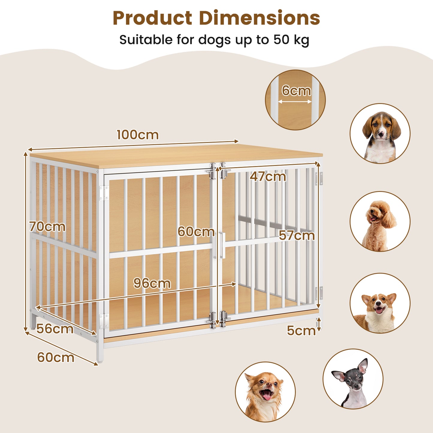 100 cm Heavy-duty Dog Crate Furniture with Dual Lockable Double Doors-Natural