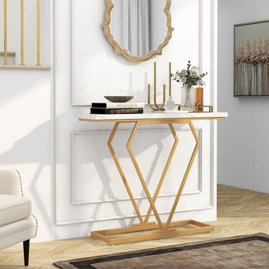 100 cm Gold Faux Marble Console Table with Diamond Shape Frame
