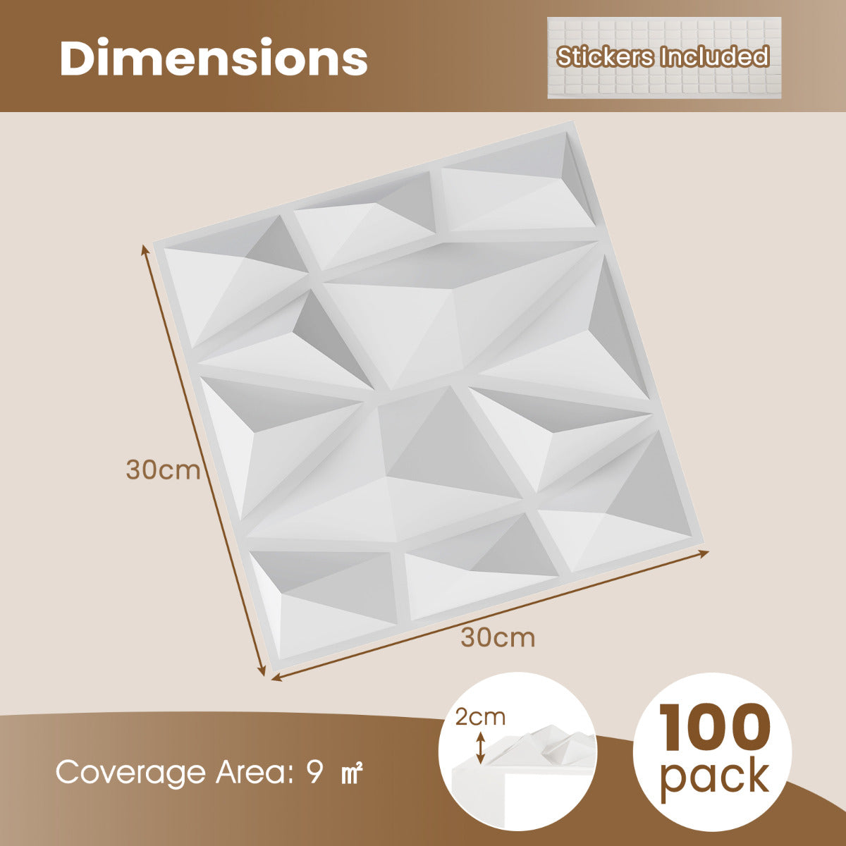 100-Pack 3D Wall Panels with Diamond Accent for Creative Cutting and DIY-White