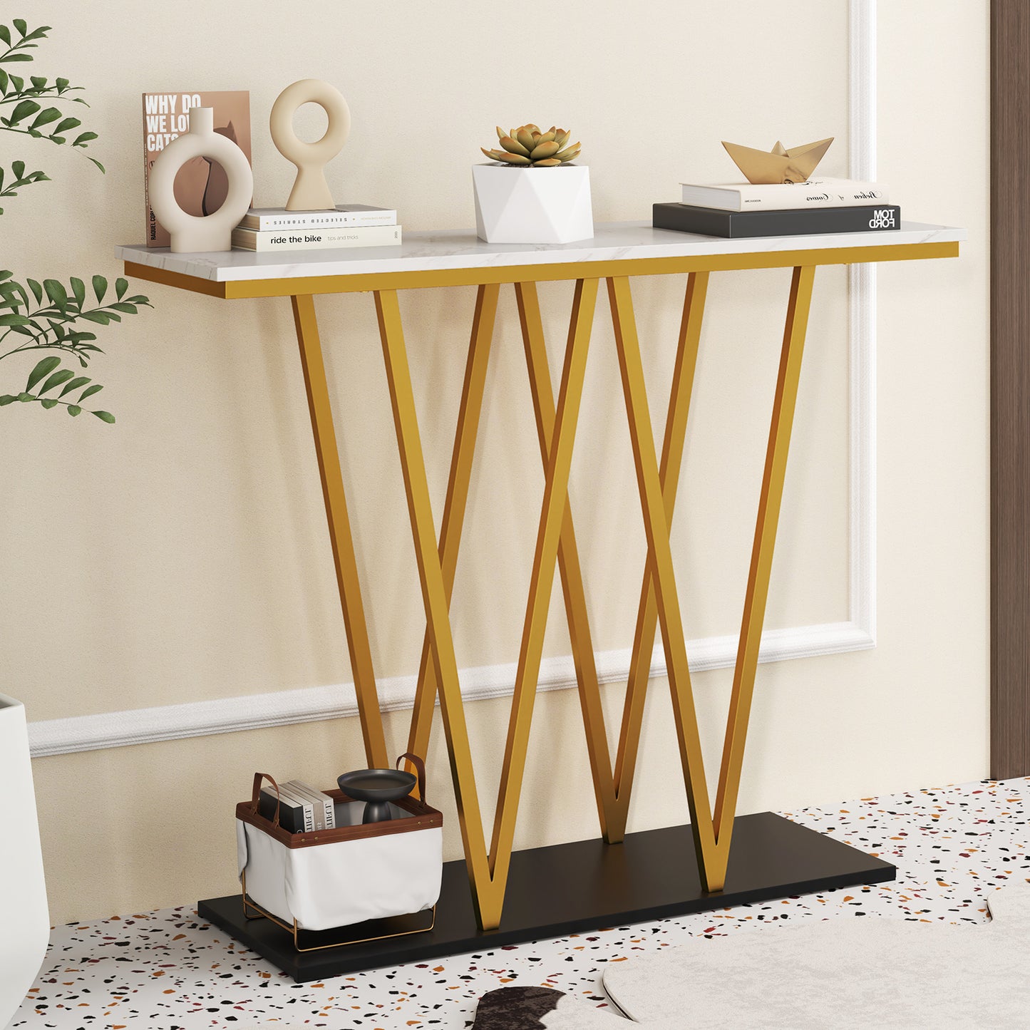 100cm Gold Entryway Table Console Table with Faux Marble Table-White