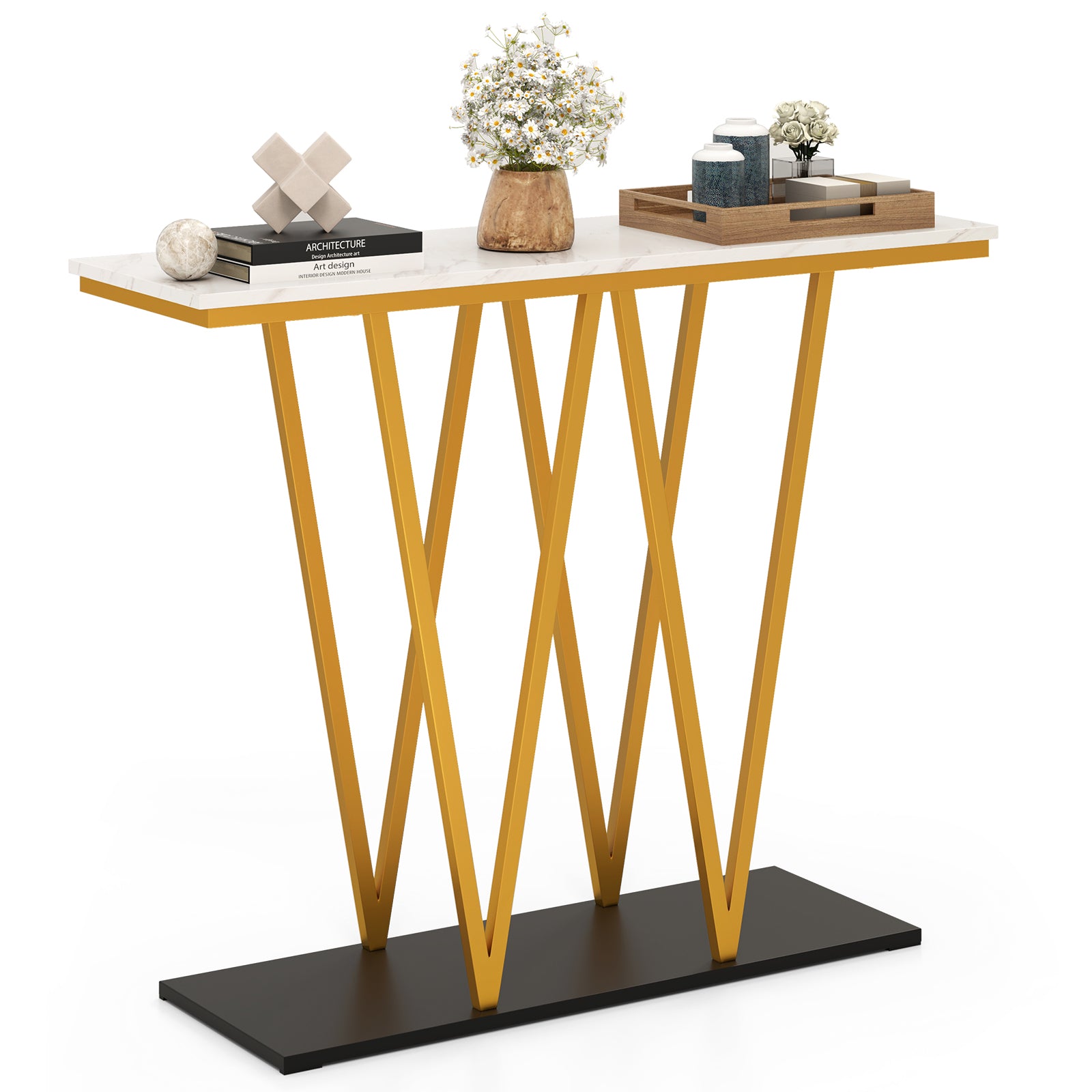 100cm Gold Entryway Table Console Table with Faux Marble Table-White