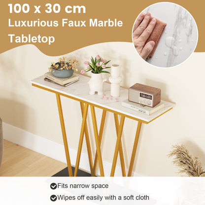 100cm Gold Entryway Table Console Table with Faux Marble Table-White