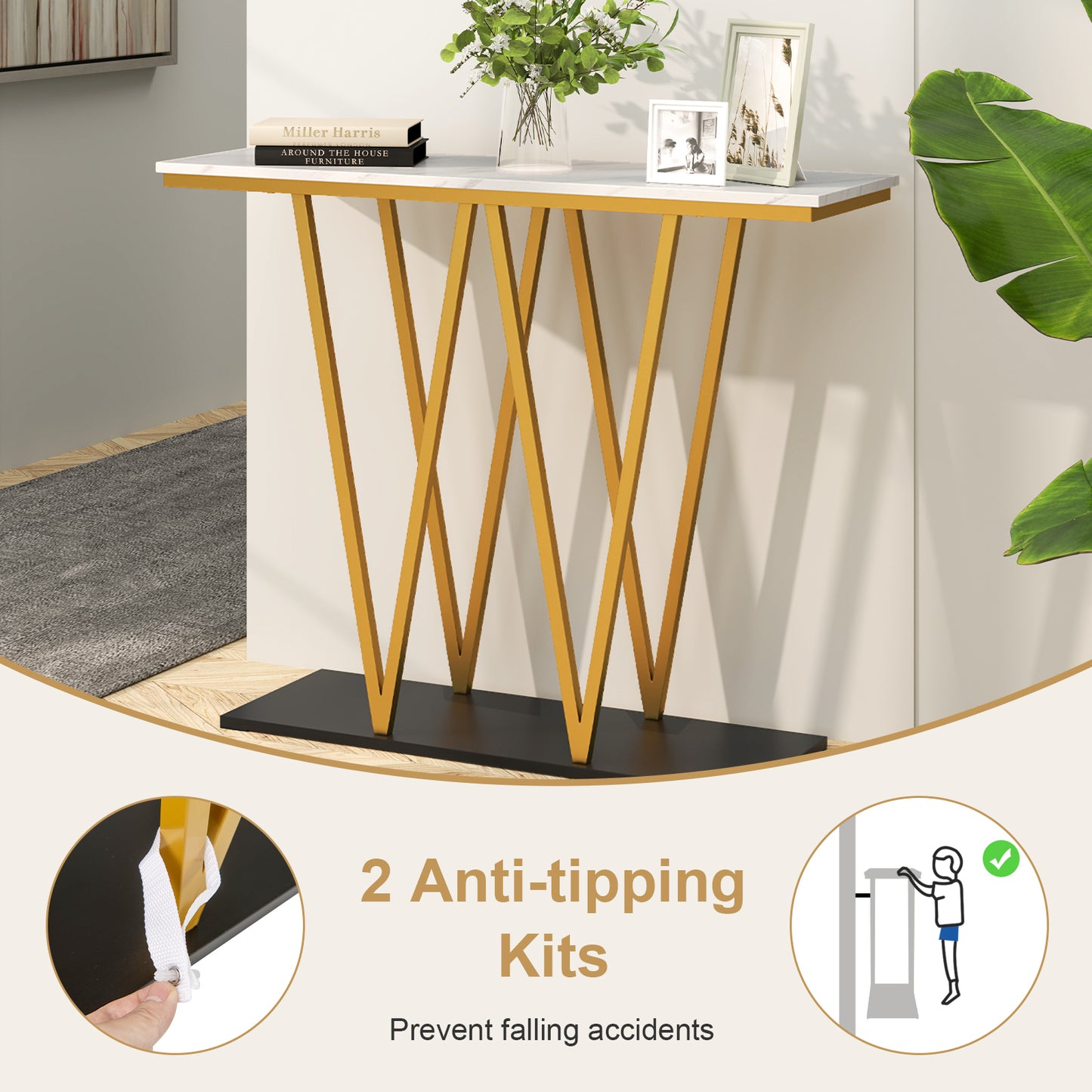 100cm Gold Entryway Table Console Table with Faux Marble Table-White