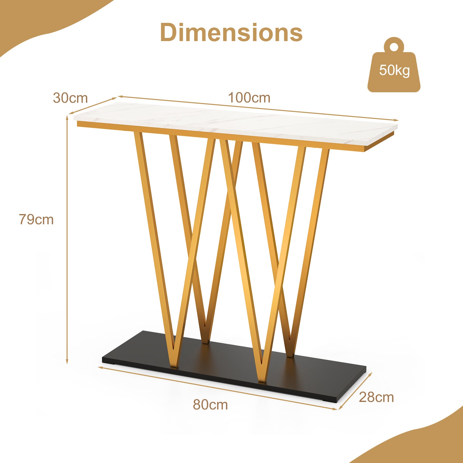 100cm Gold Entryway Table Console Table with Faux Marble Table-White