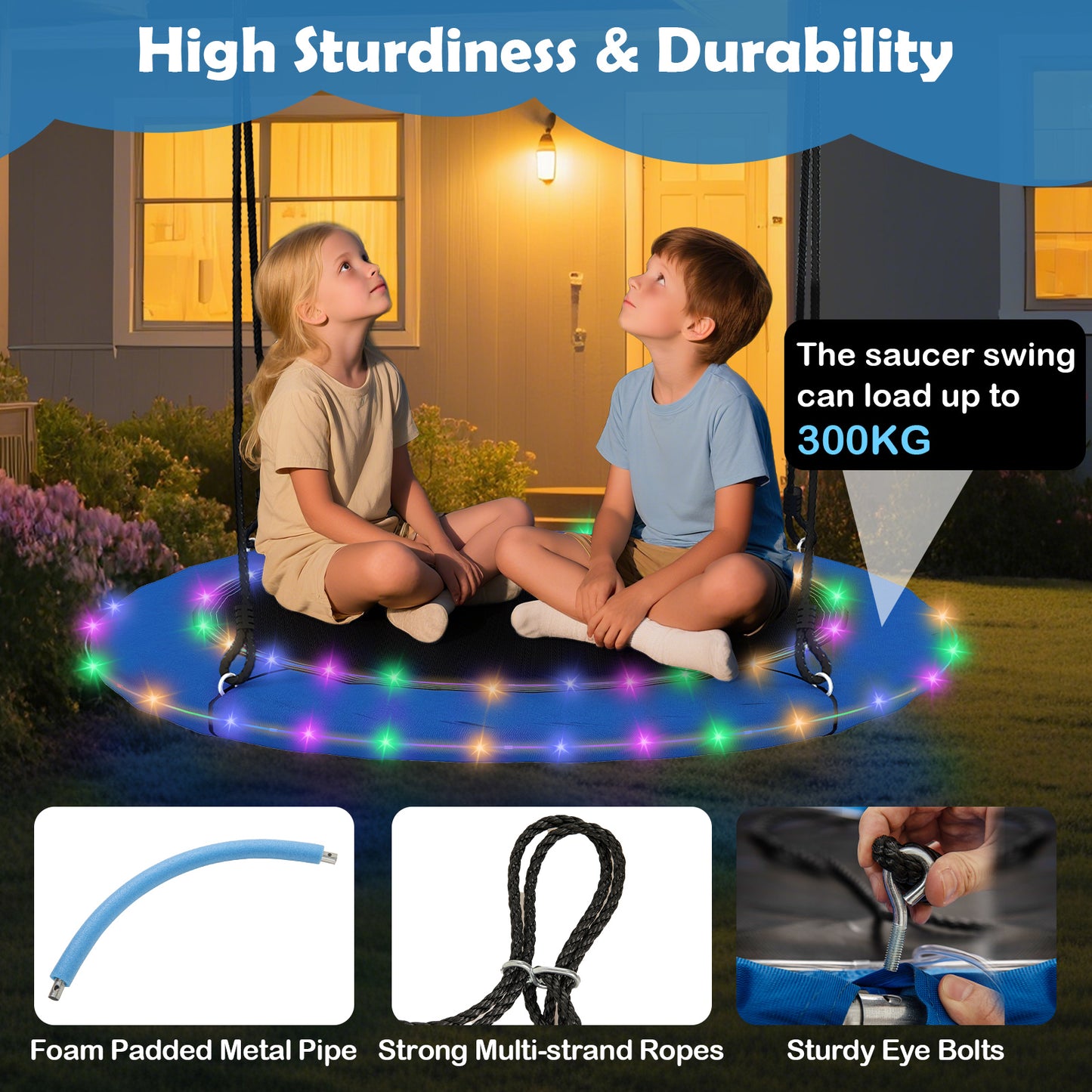 100cm Saucer Tree Swing with LED Lights for Kids-Blue