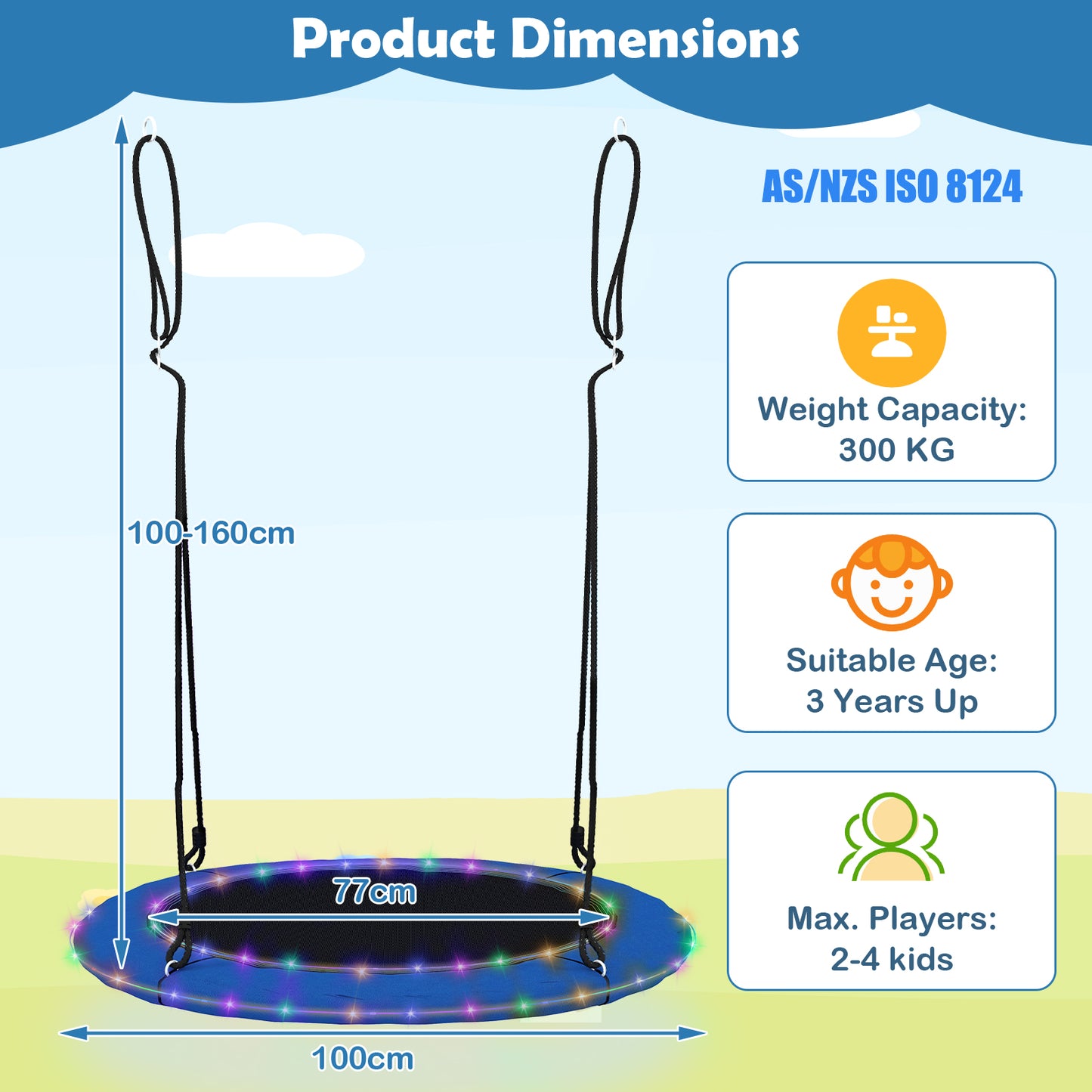 100cm Saucer Tree Swing with LED Lights for Kids-Blue