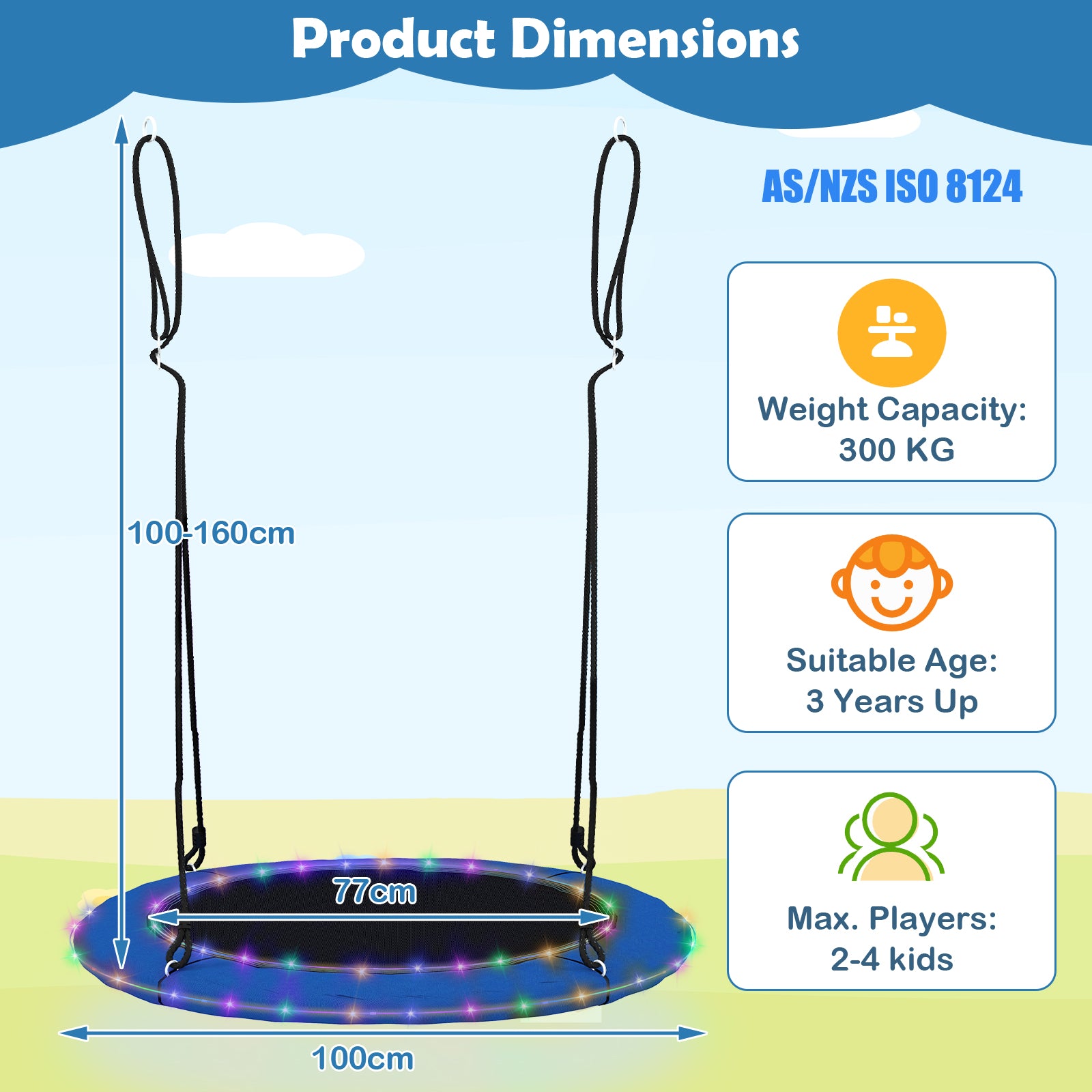 100cm Saucer Tree Swing with LED Lights for Kids-Blue