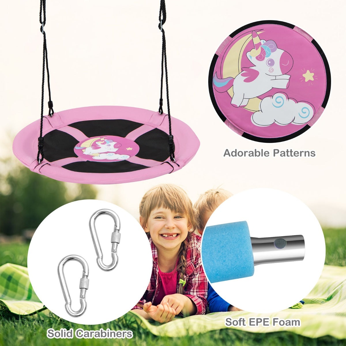 100cm Saucer Tree Swing for Kids with Adjustable Ropes and Carabiners