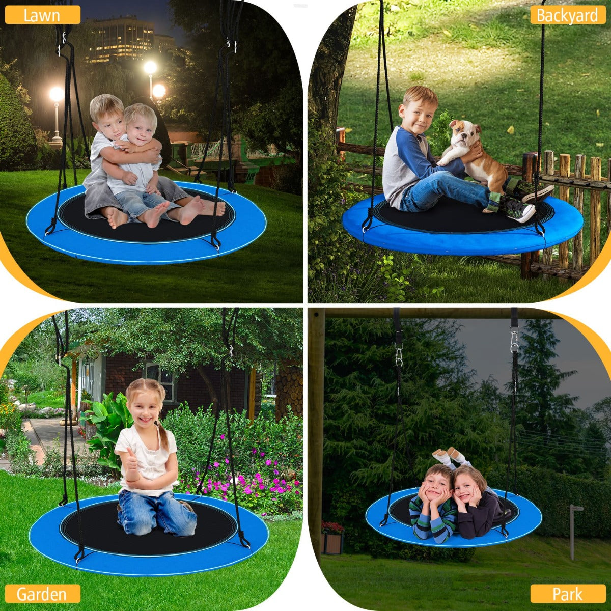 100cm LED Saucer Tree Swing for Kids, 300kg Capacity, Adjustable Ropes
