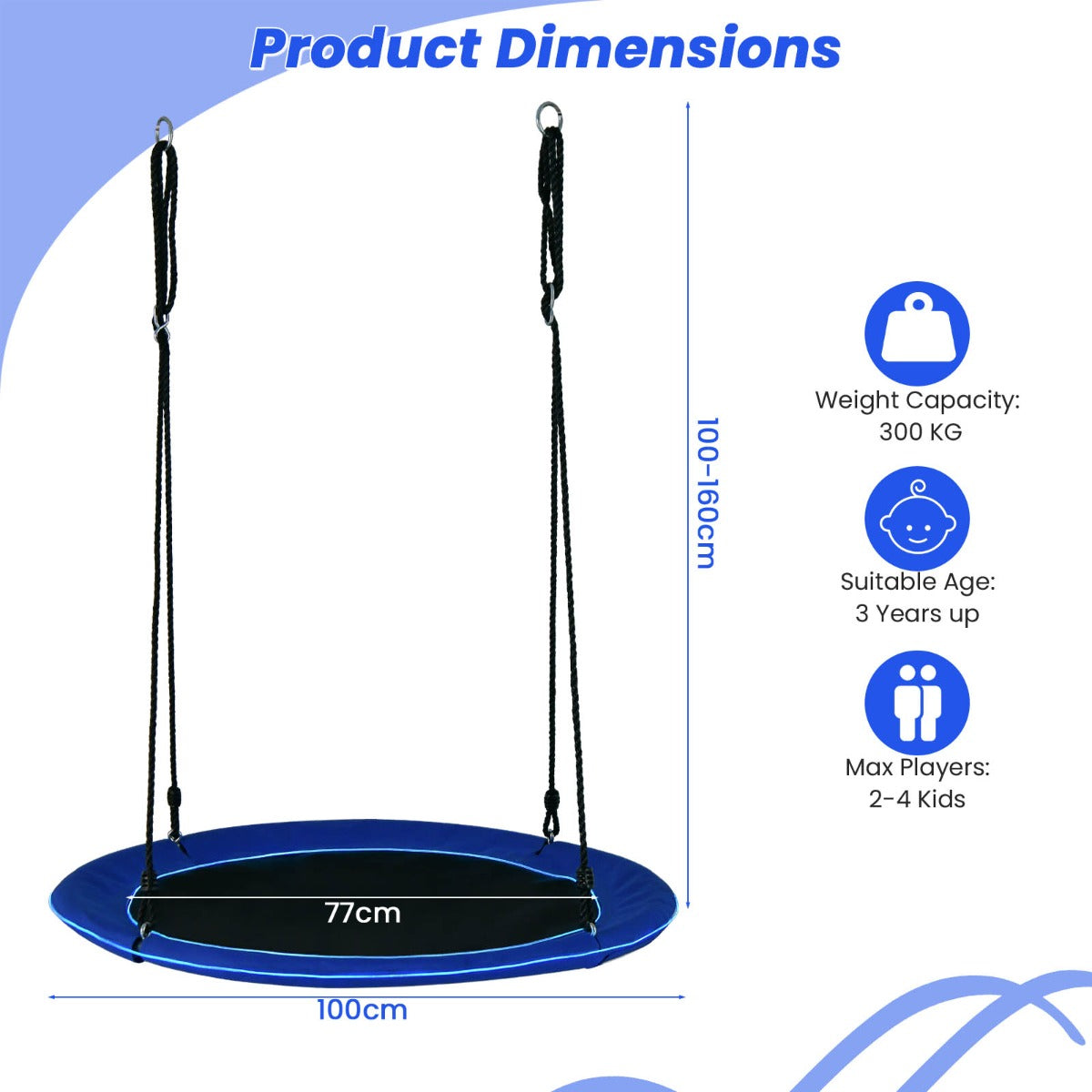 100cm LED Saucer Tree Swing for Kids, 300kg Capacity, Adjustable Ropes