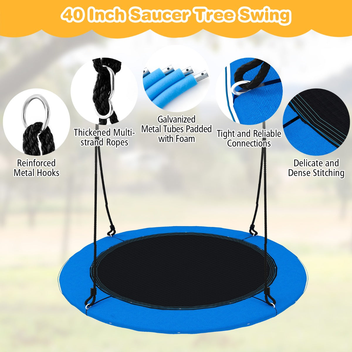 100cm LED Saucer Tree Swing for Kids, 300kg Capacity, Adjustable Ropes