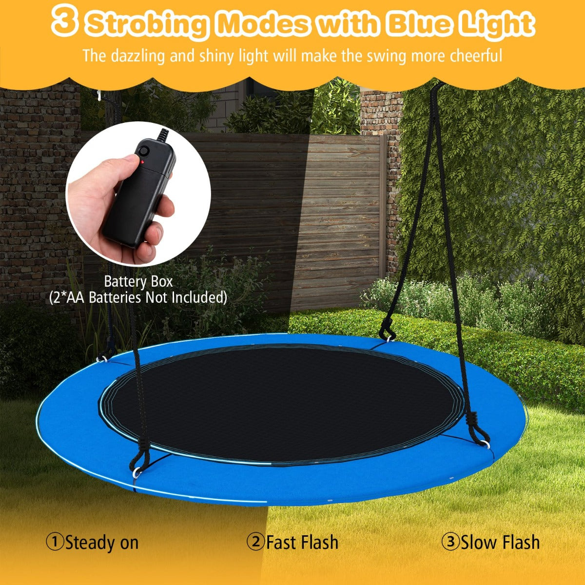 100cm LED Saucer Tree Swing for Kids, 300kg Capacity, Adjustable Ropes