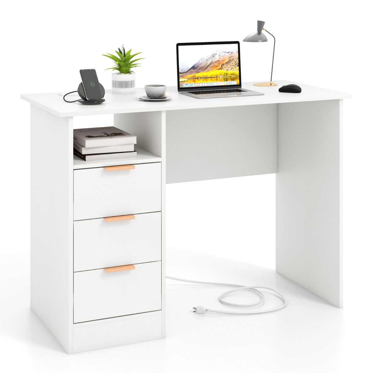 108 CM Home Office Desk with Power Outlet and 3 Storage Drawers-White