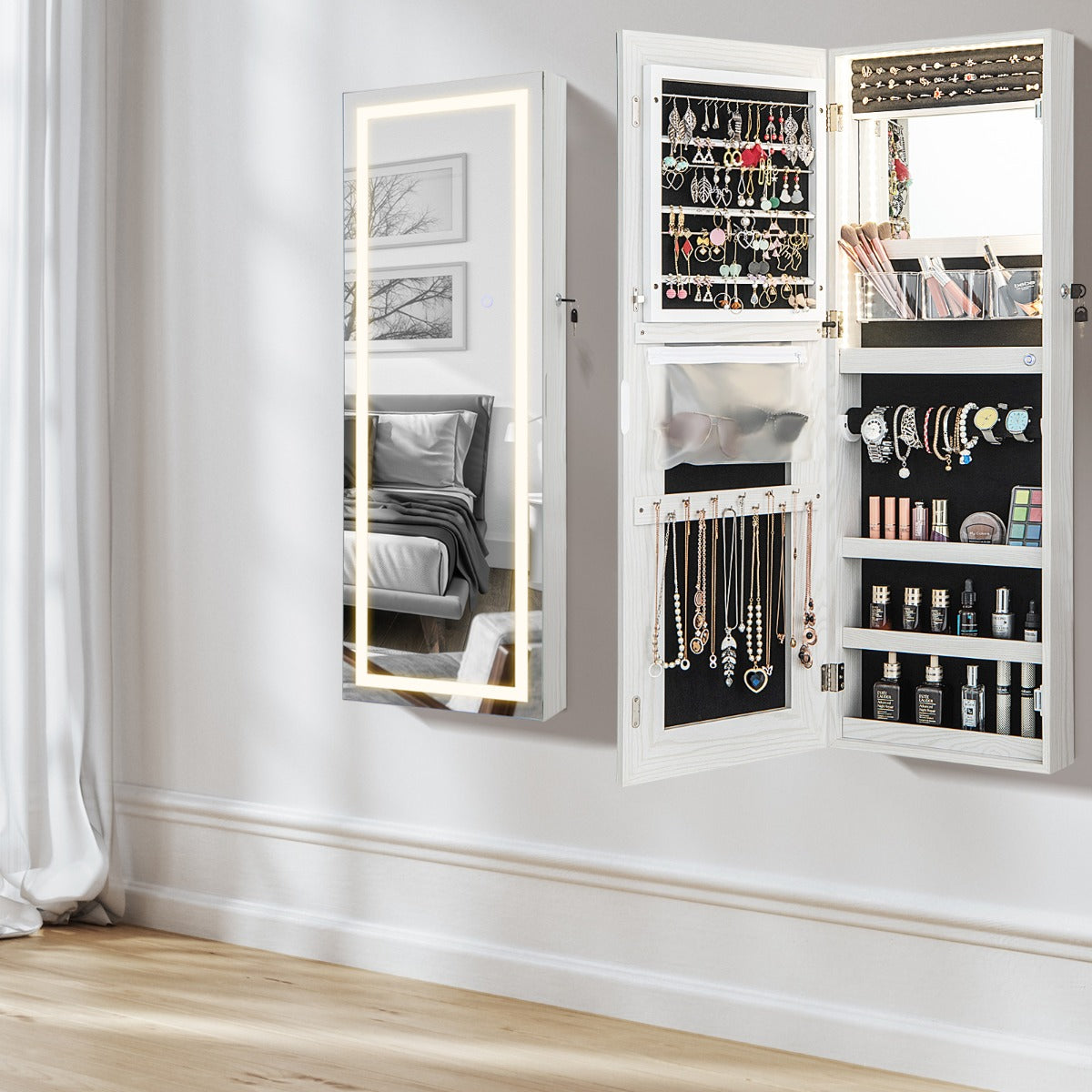 108 cm Jewelry Mirror Cabinet with 3-Color LED Lights and Interior Mirror-White