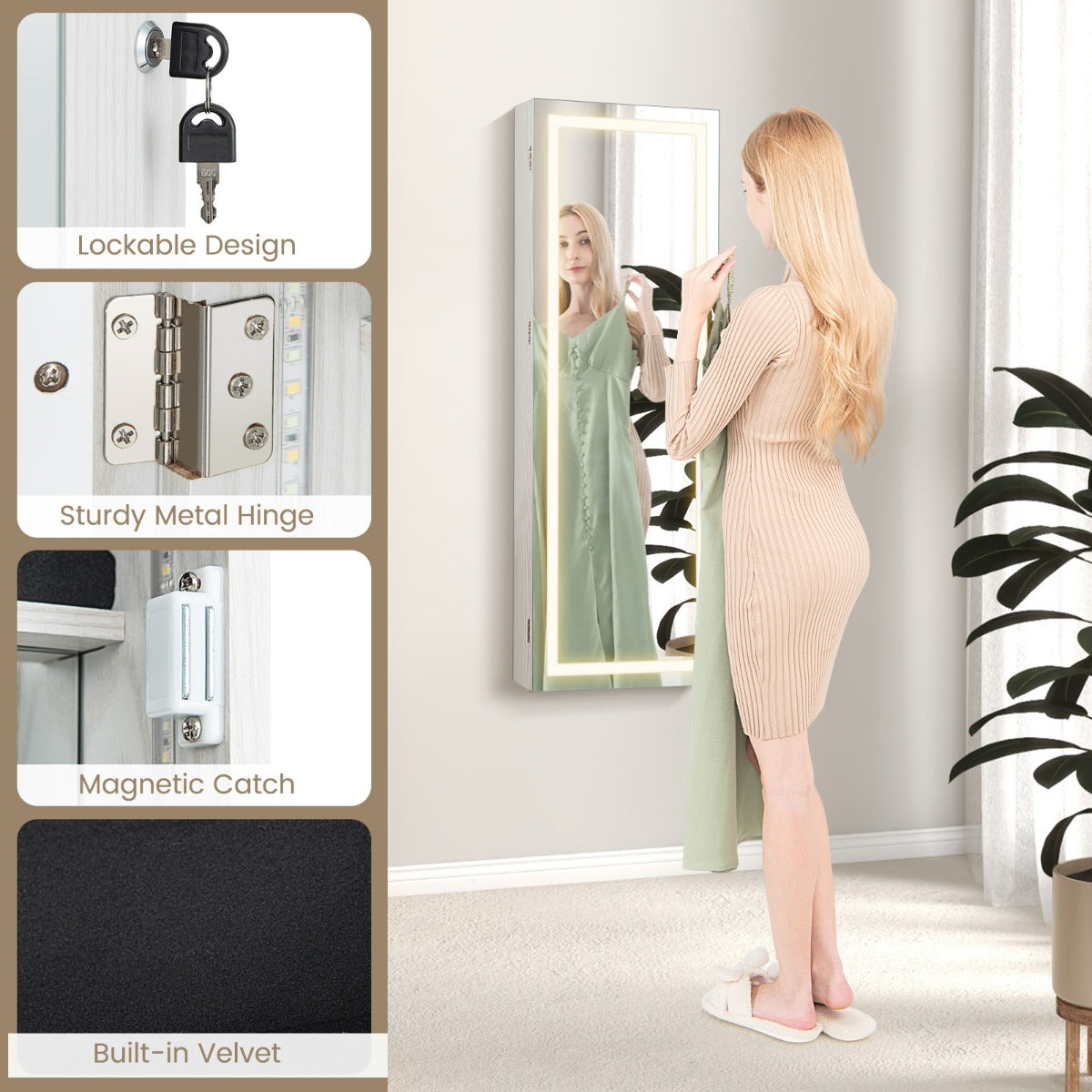 108 cm Jewelry Mirror Cabinet with 3-Color LED Lights and Interior Mirror-White