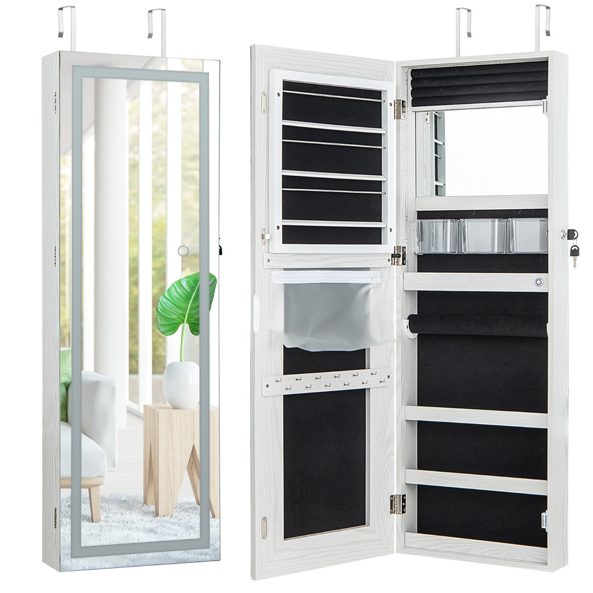 108 cm Jewelry Mirror Cabinet with 3-Color LED Lights and Interior Mirror-White