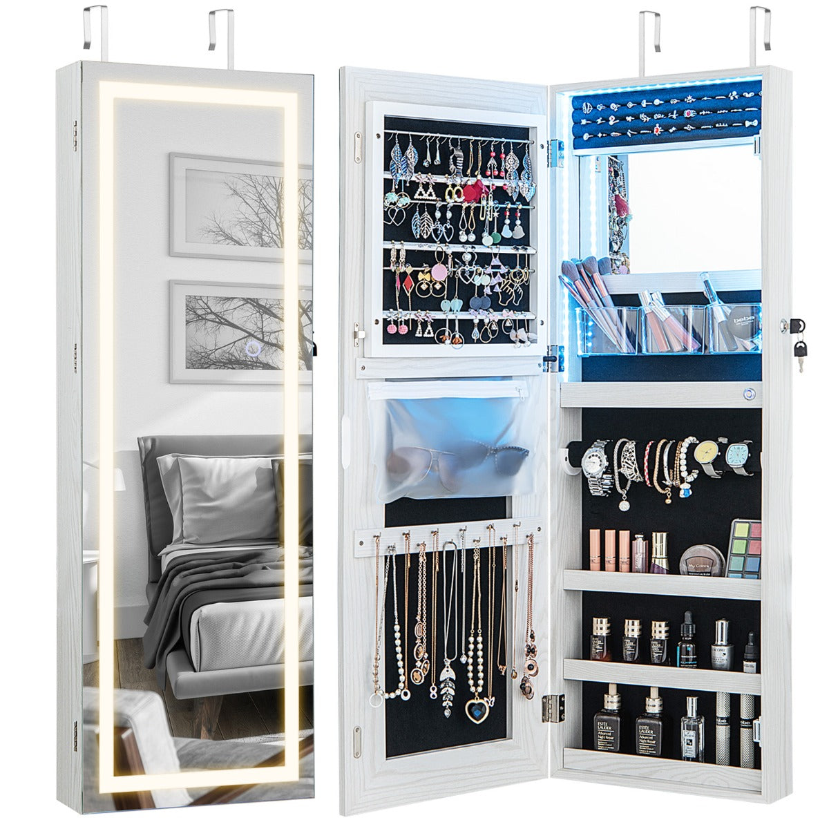108 cm Jewelry Mirror Cabinet with 3-Color LED Lights and Interior Mirror-White