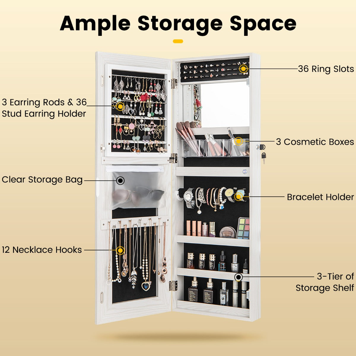 108 cm Jewelry Mirror Cabinet with 3-Color LED Lights and Interior Mirror-White