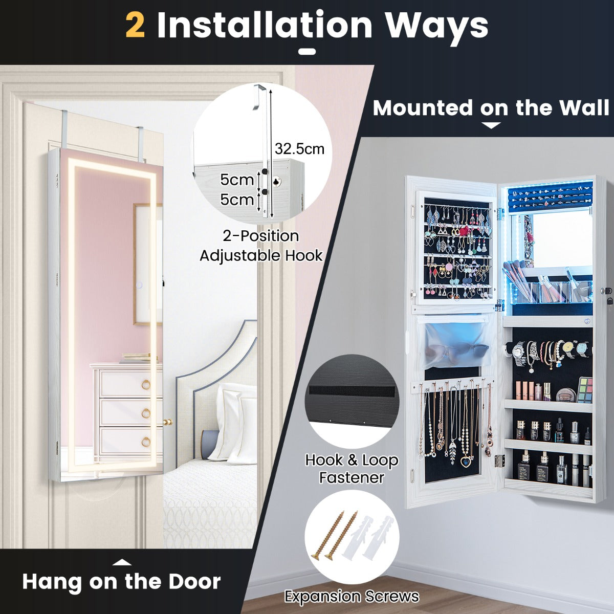 108 cm Jewelry Mirror Cabinet with 3-Color LED Lights and Interior Mirror-White