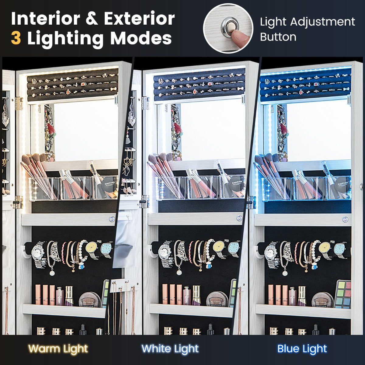 108 cm Jewelry Mirror Cabinet with 3-Color LED Lights and Interior Mirror-White