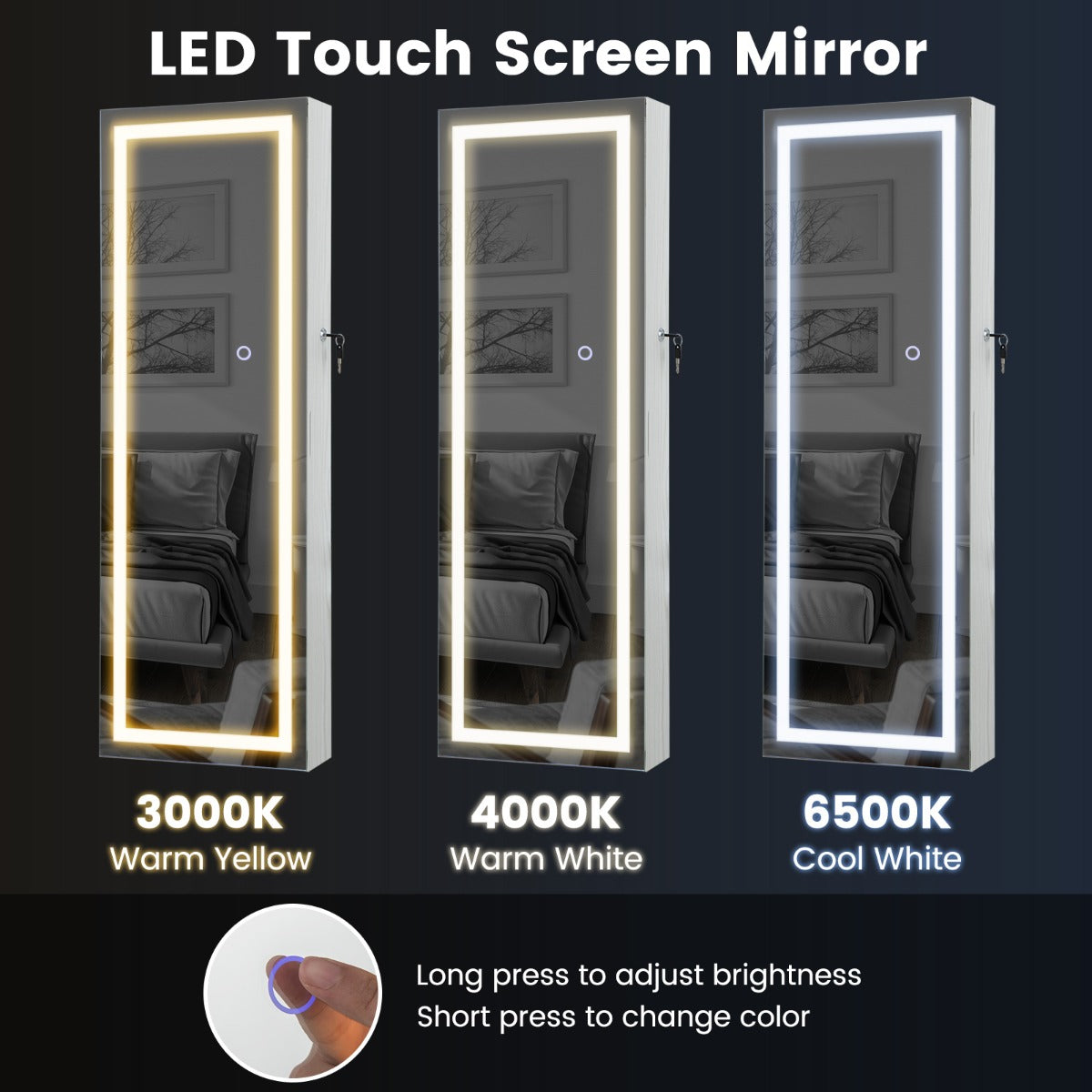 108 cm Jewelry Mirror Cabinet with 3-Color LED Lights and Interior Mirror-White