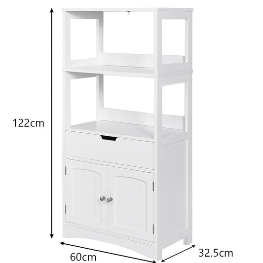 White freestanding storage cabinet with open shelves, drawer, and enclosed cupboard for home organization