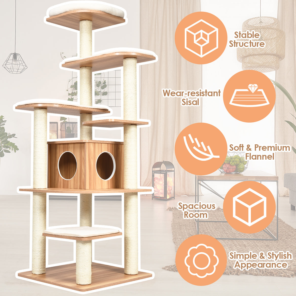 Six evenly spaced platforms help kittens climb and jump safely with reduced height differences